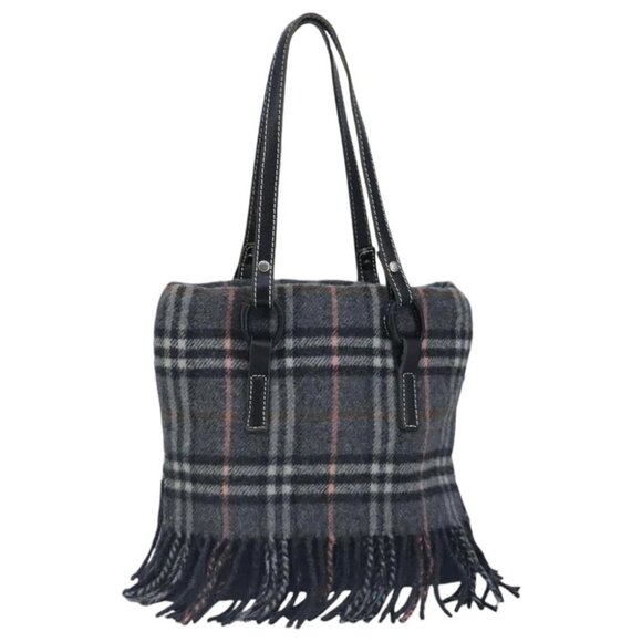 BURBERRY Nova Check Scarf Style Blue Label Hand Bag Wool Gray Silver - Picture 1 of 14